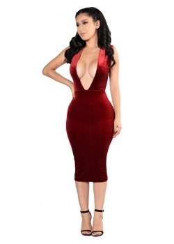 Sexy Wine Red Hollow Out Midi Bodycon Dress