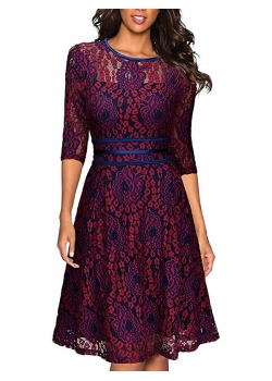 Women Red Round Neck Lace Dress