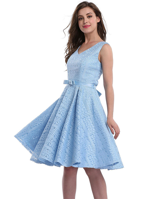 Blue Fashion V Neck Lace Midi Dress