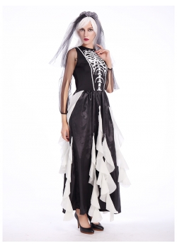 Black Bride Costume Long Dress With Headwear