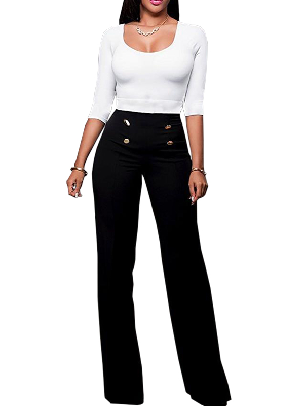 Black Elegant High Waist Pants with Botton