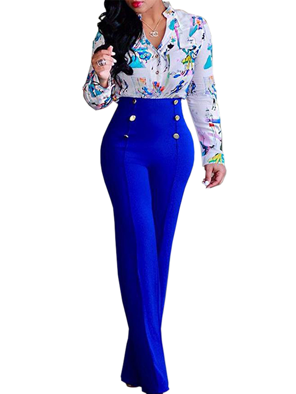 Blue Elegant High Waist Pants with Botton 