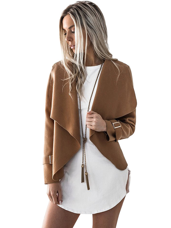 Brown Long Sleeve Plain Jacket with Turndown Collar