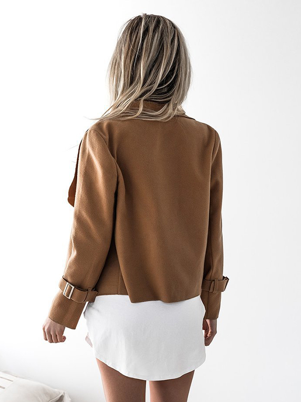 Brown Long Sleeve Plain Jacket with Turndown Collar