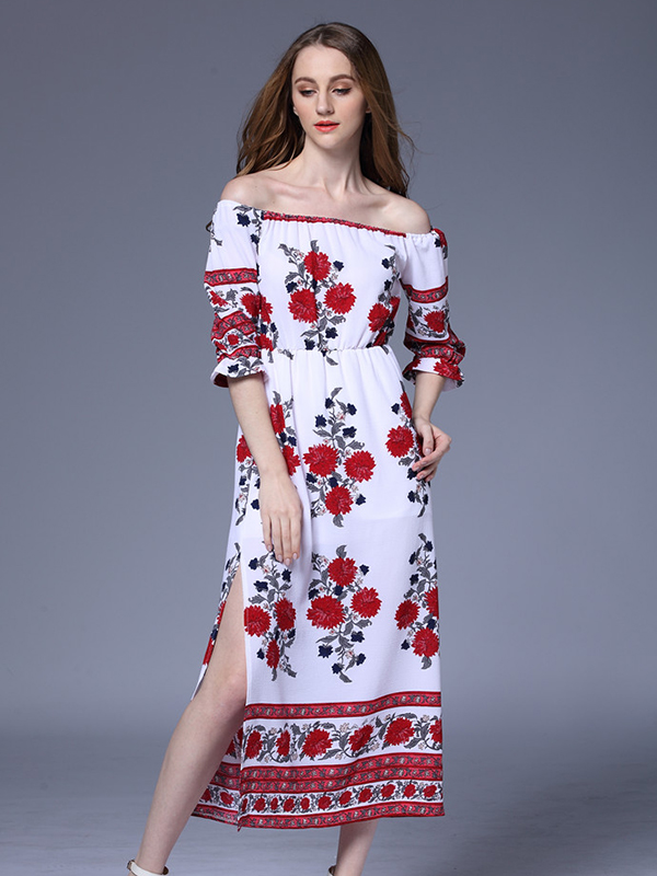 Flower Print Off Shoulder Long Boho Dress