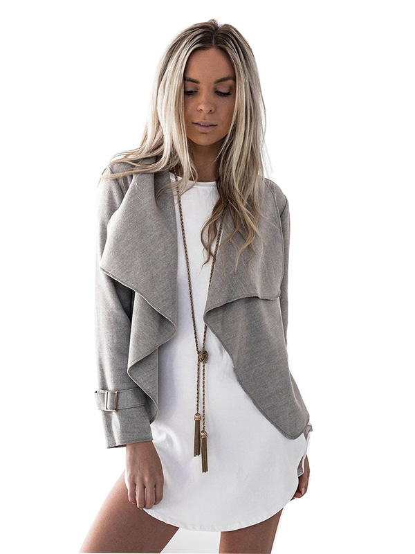 Grey Long Sleeve Plain Jacket with Turndown Collar