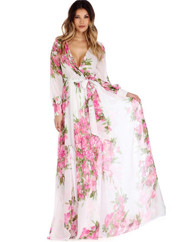Pink Floral Print Wrapped Long Boho Dress