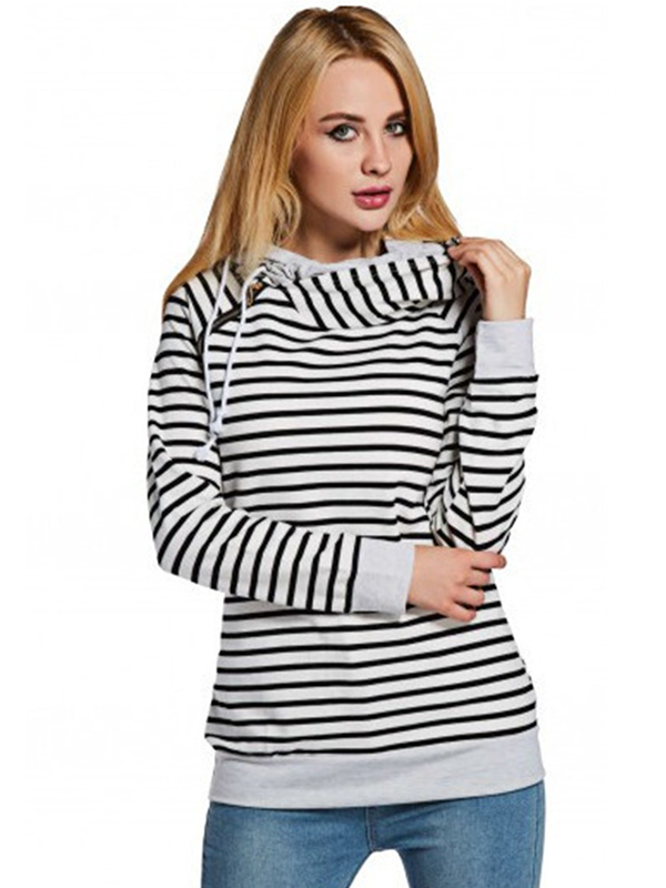 White Black Stripe Double Hooded Sweatshirt