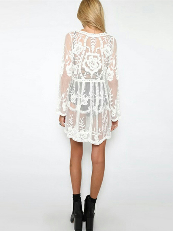 White Long Sleeve Knitted Tunic Beachwear