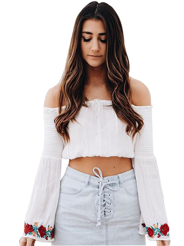 White Off Shoulder Crop Top With Floral Cuff