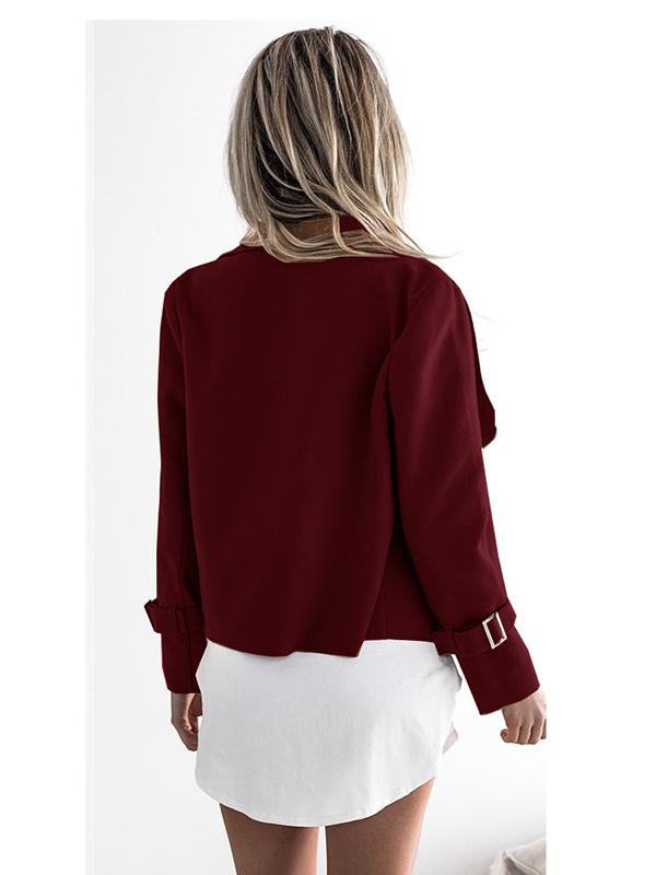 Wine Red Long Sleeve Plain Jacket with Turndown Collar