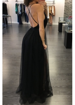 Black Bandage Lace Overlay Slit Maxi Evening Gown