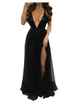 Black Bandage Lace Overlay Slit Maxi Evening Gown