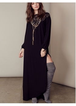 Black Long Sleeves Side Split Slit Maxi Dress