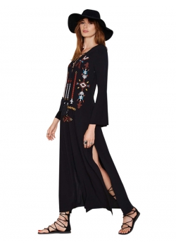 Black Stylish Floral Embroidery Lace Up Flare Sleeve Long Dress