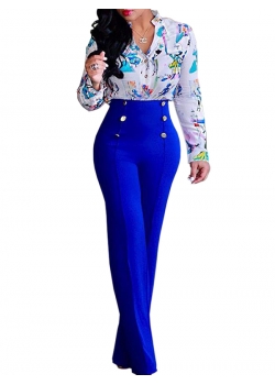 Blue Elegant High Waist Pants with Botton 