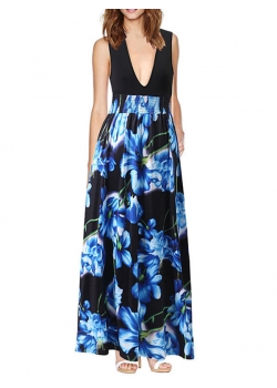 Blue Floral Print V Neck Maxi Dress