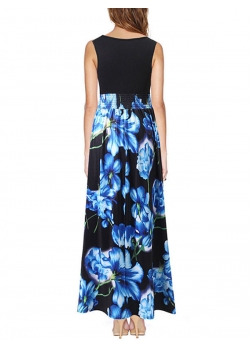 Blue Floral Print V Neck Maxi Dress