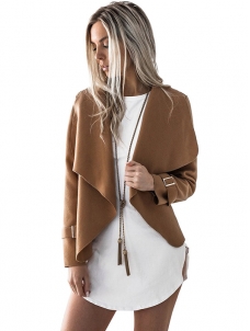 Brown Long Sleeve Plain Jacket with Turndown Collar