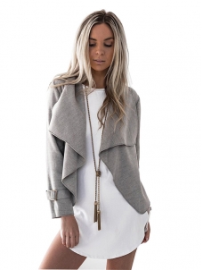 Grey Long Sleeve Plain Jacket with Turndown Collar