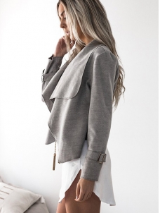 Grey Long Sleeve Plain Jacket with Turndown Collar