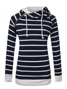 Navy White Stripe Double Hooded Sweatshirt