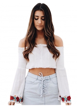 White Off Shoulder Crop Top With Floral Cuff