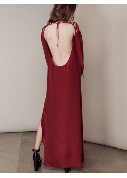 Wine Red Long Sleeves Side Split Slit Maxi Dress