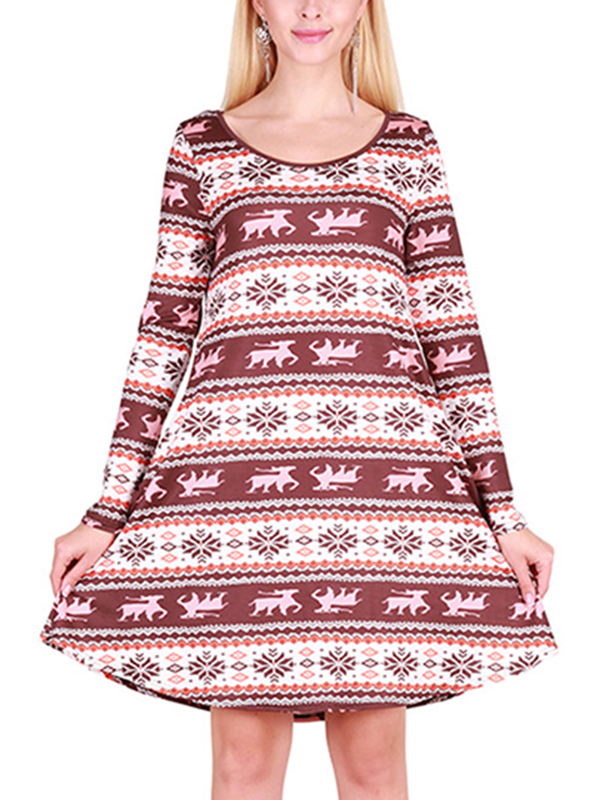  Multicolor S-XL Natural Christmas A-Line Casual Dress