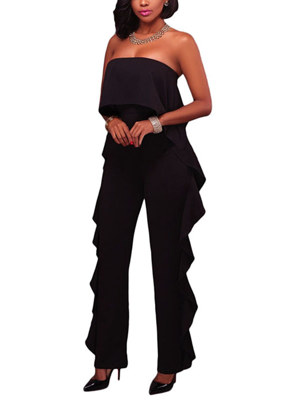 2 Colors S-XL Strapless Overlay Ruffle Jumpsuit