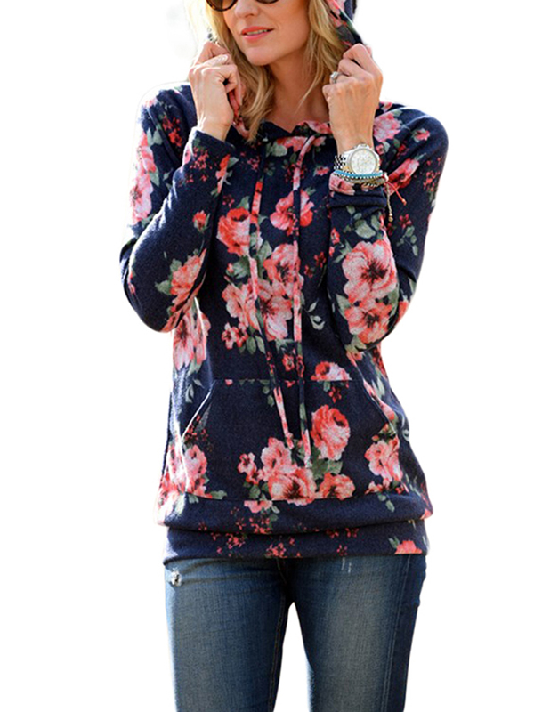 2 Colors S-XXL Loose Fitting Floral Printed Hooded 