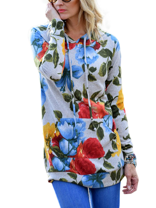 2 Colors S-XXL Loose Fitting Floral Printed Hooded 