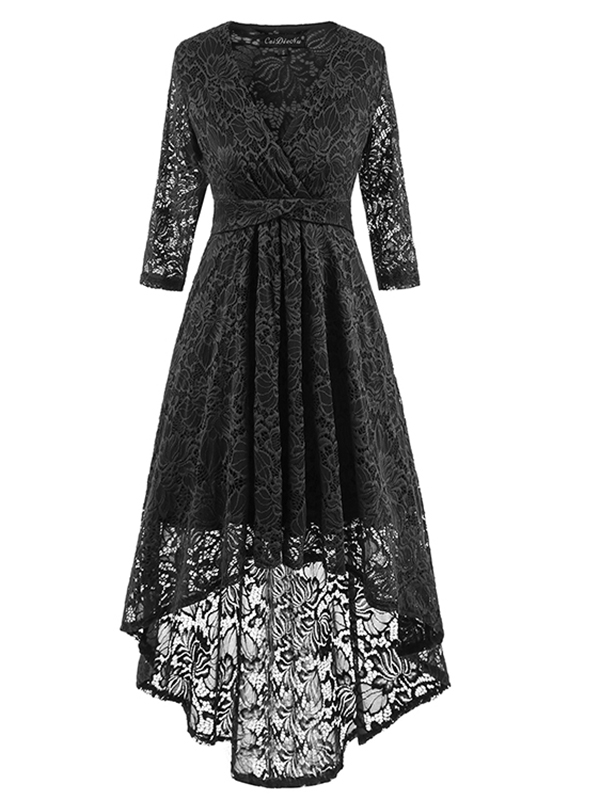 3 Colors S-XXL Classy High-Low Skater Lace Dress