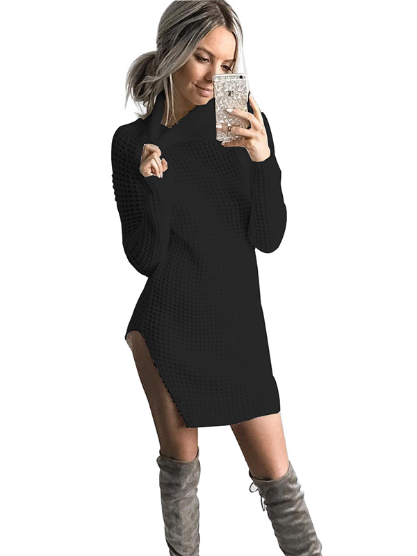 4 Colors S-XL High Neck Sweater Dress