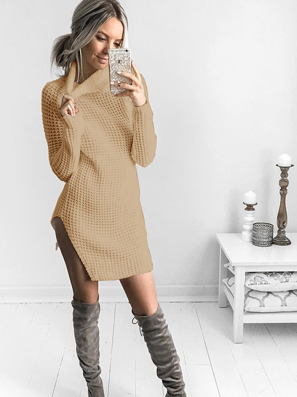 4 Colors S-XL High Neck Sweater Dress