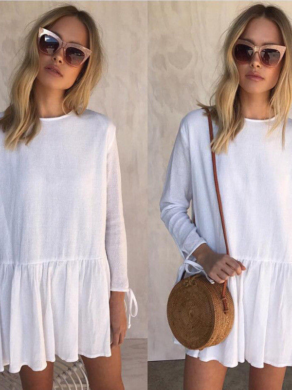 5 Colors S-XL High Neck Full Sleeves Casual Dress