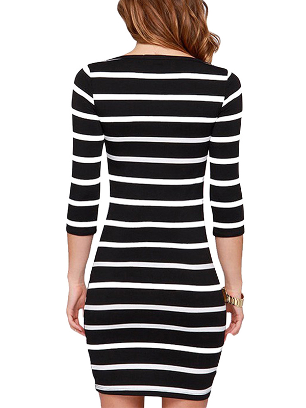 Black S-XL Distinctive Striped Casual Dress