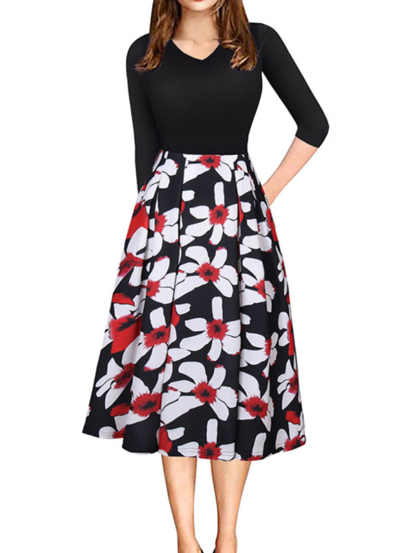 Black S-XL Patchwork Floral Printed Casual Dress