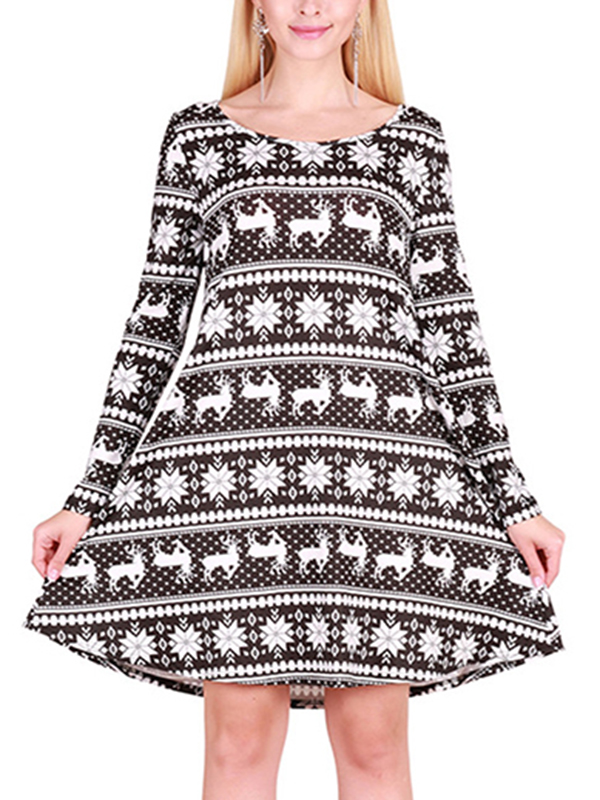 Black S-XL Slim Fit Elks Pattern Christmas Casual Dress