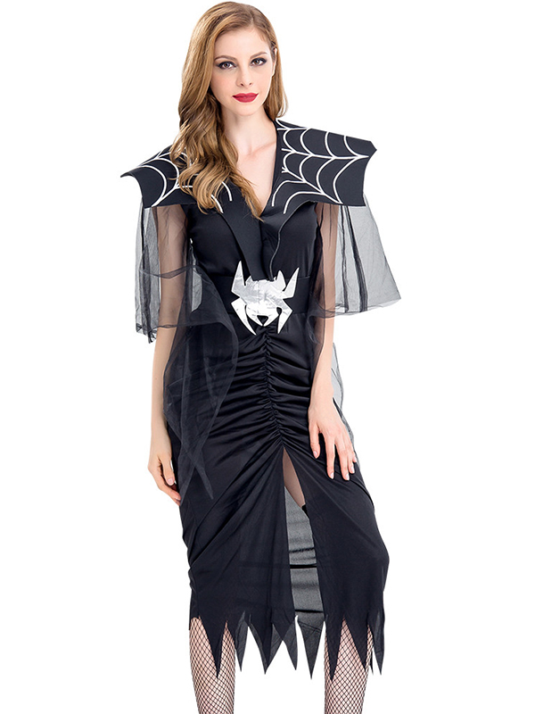Black S-XL Spider Mesh Sleeves Ruffle Trim Halloween Costume