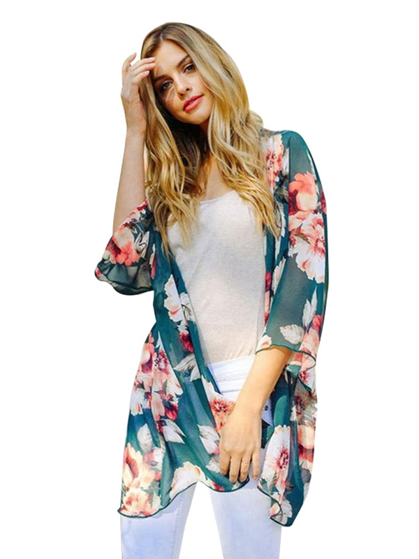 Green S-XL Floral Print Chiffon Long Coat