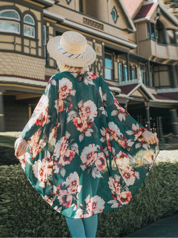 Green S-XL Floral Print Chiffon Long Coat