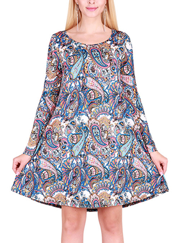 Multicolor S-XL  Round Neck Patterned Pullover Casual Dress
