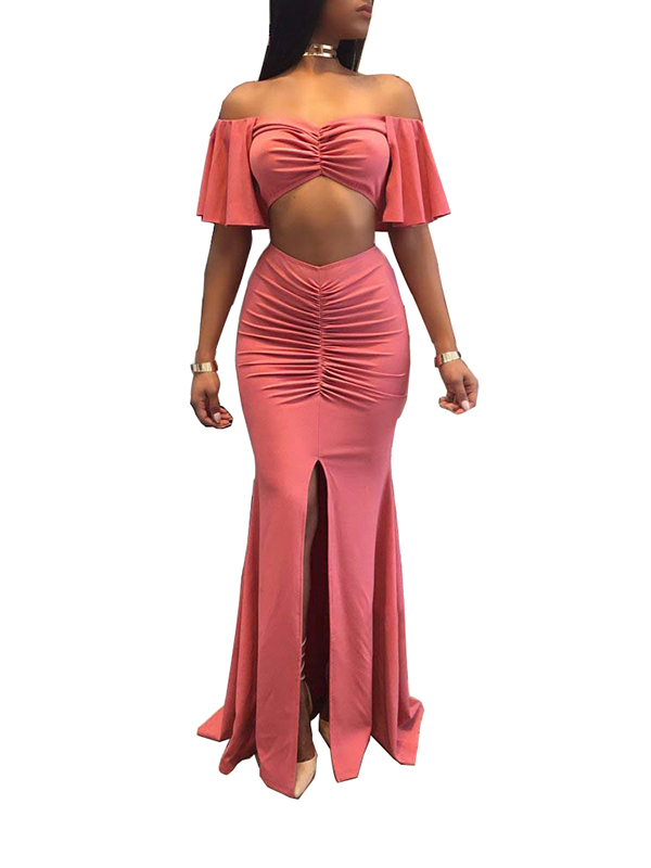 Pink S-XL Off-Shoulder Ruffle Evening Dress