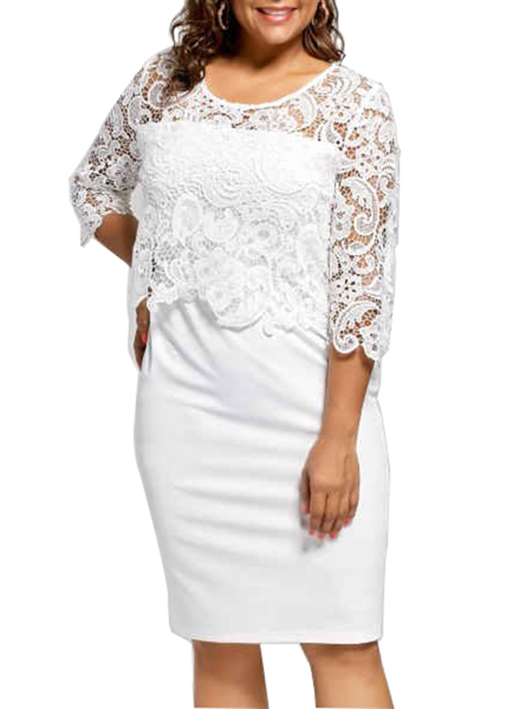 White L-3XL Sexy Lace Half Sleeve Plus Size Dresses