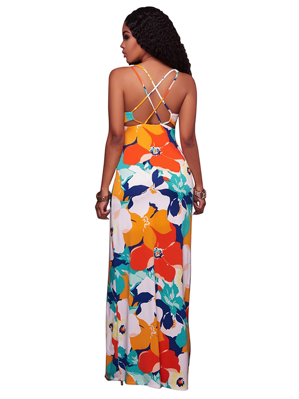 Womens Sleeveless Floral Print Crisscross Maxi Dress