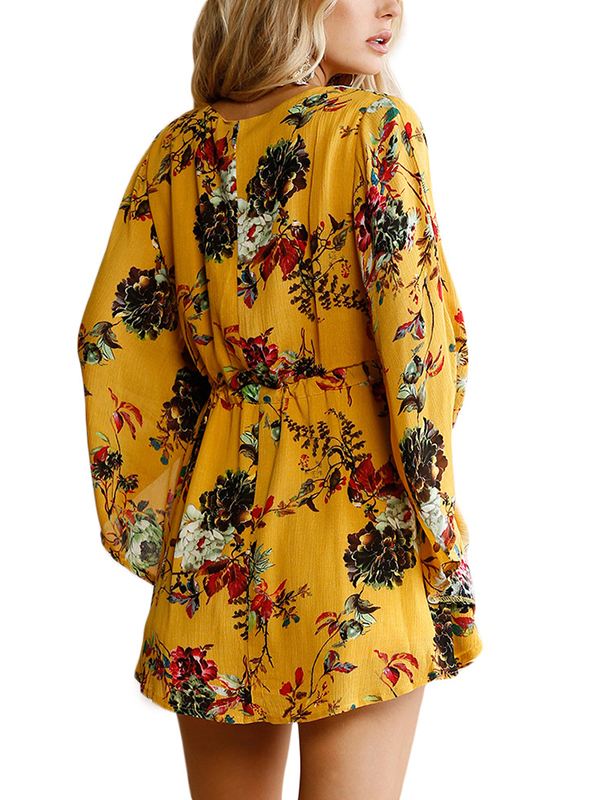 Yellow S-XL V Neck Floral Printed Casual Dress