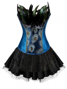 Blue S-6XL Embroidered Peacock Overbust Corset