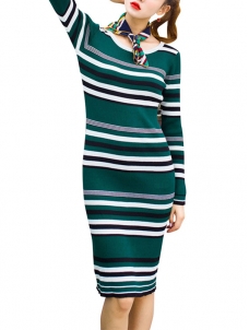 Green One Size Round Neck Long Sleeve Sweater Dress 