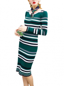 Green One Size Round Neck Long Sleeve Sweater Dress 